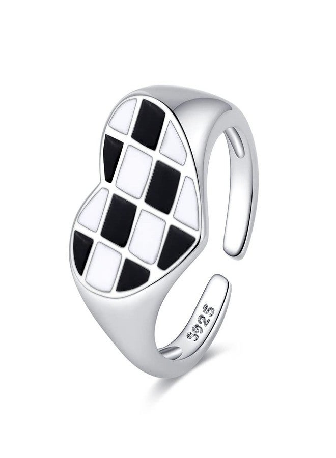 Izpack Plaid Love Heart Open Stacking Ring Black and White Checkered Enamel Heart Adjustable Chunky Bands Wedding Valentine's Day Promise Eternity Finger Rings for Women Brides Fashion Jewelry - Image 1